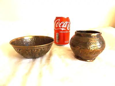 Antique Pair Islamic Repousse Hand Engraved Brass Egyptian Cairo Ware Pot Bowls • $31.08