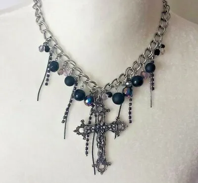 $8.10 • Buy NEW Crucifix Necklace Cross Silvertone Chain Goth Boho Steampunk Costume Jewelry