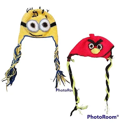Handmade Crochet Knit Angry Birds Minions Hat Lot X2 Adult Kid Unisex Long Ties • $15.95