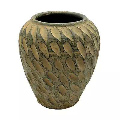 Tan & Black Rustic Leaf Stoneware Vase - Heavy - Vintage - 8.5  H Excellent • $19.95