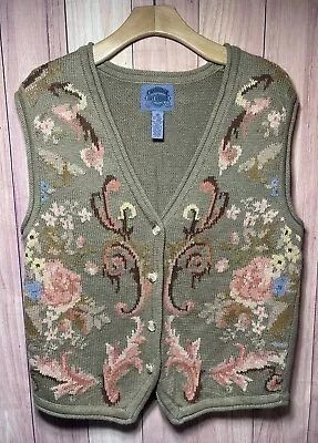 Vintage 90's Cambridge Country Store Linen Knit Rose Floral Sweater Vest Medium • $18.99