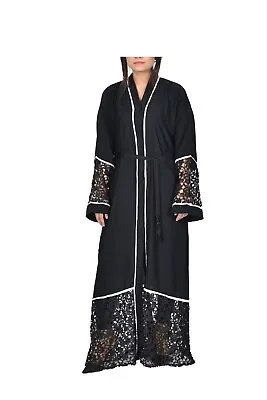 Zahra Net Open Abaya -with A Delicate White Piping And Black Lace Paneling • £29.99