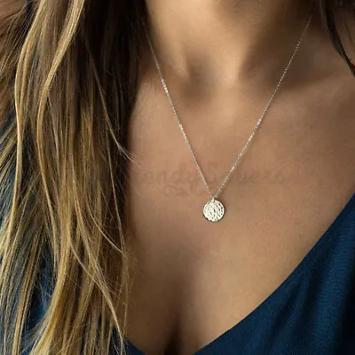 Sterling Silver Bumpy Full Moon Round Hammered Pendant Gold Disc Choker Necklace • £3.99