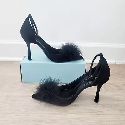 Zara Feather Trim Cutout Buckle Ankle Strap Black Pointed Toe Heels Shoes 41 10 • $100