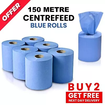 Centrefeed Blue Rolls 6 Pack 2Ply Hand Towel Wipes 150M Heavy Duty Blue Roll • £16.99