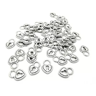 10 Heart Lock Key Charms - Antique Silver Tone - 17mm X 12mm - Locket Love  • £3.29