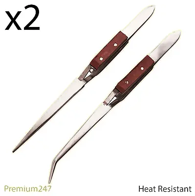 2 Piece Tweezer Set Wooden Handle Heat Resistant Tool Kit Hobby Electronics Fix • £3.09