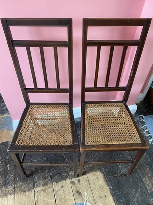 £20 • Buy Pair Of Wooden 1950's Chairs South African Stink Wood - Wicker Seat & High Back