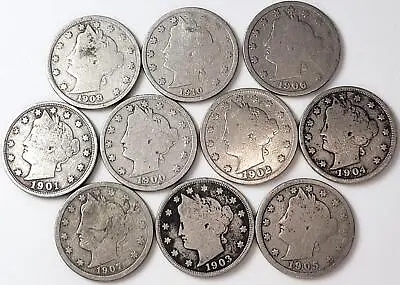$18.97 • Buy 10 Liberty V Nickel Lot Of 10 Circulated Barber 5 Cent Coins 10 Different Dates