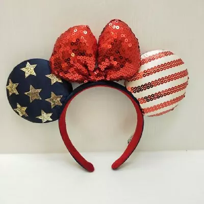 UK Disney Parks Bow Minnie Ears Stars USA Flag Sequins Mickey Mouse Headband • £11.10