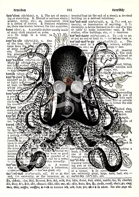 Handmade Steampunk Octopus Book Page 8x10 Craft And Quilt Cotton FABRIC BLOCK • $14.80