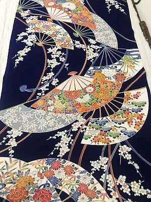 @@ Vintage Japanese Kimono Silk Fabric / Smooth Crepe Navy Blue Base G82 • £6.55