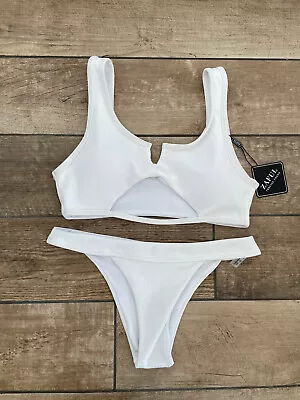 Bnwt Zaful Bikini Set Size 10 Textured Padded Cut Out Crop Top Cheeky Briefs • £9.99