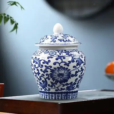 Oriental Style Blue And White Porcelain Ginger Jar Tea Storage Jar With Lid • £16.79