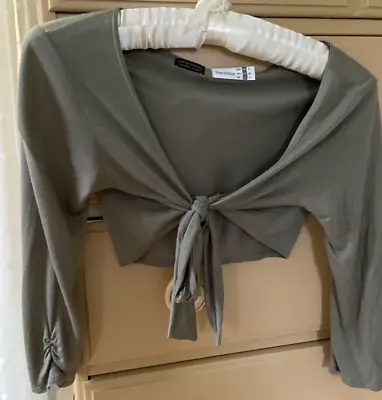 Womens Olive Green Tie Front Pima Cotton Shrug Bolero 3/4 Sleeve Top S • $10