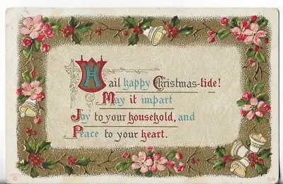 VTG Christmas Postcard-1912 Hail Happy Christmas-tide! Pink Flowers Bells Holly • $3.39