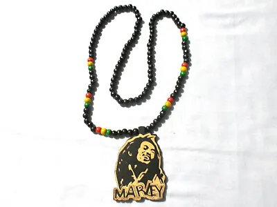 BOB MARLEY WOODEN PENDANT ON RASTA WOOD BEADED 30  LONG Reggae Music Necklace • $13.99