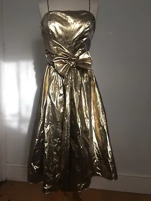 Vintage 80s Gold Metallic Lame Cocktail Prom Dress With Bow 10 • £85