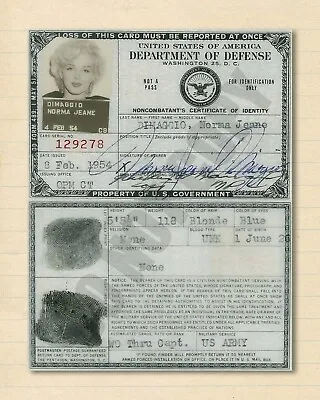 1954 Marilyn Monroe U.S. Department Of Defense Identification Card 8x10 Photo • $11.99