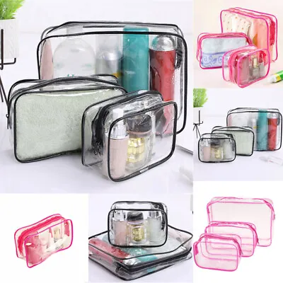 3pc Transparent Travel Bag Airport Cosmetic Makeup Toiletry Clear Wash Pouch Set • £2.99