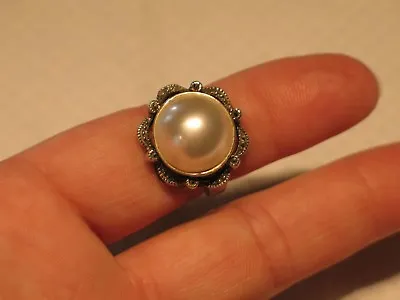 Sterling Silver Mabe Pearl Marcasite Ring By Marsala Manufacturing Size 8-8 1/4 • $89