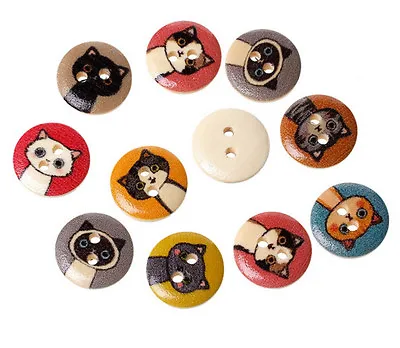 Pkg Of 20 CARTOON CAT 2-hole Wooden Buttons 5/8  (15mm) Craft (4012)  • $4.85