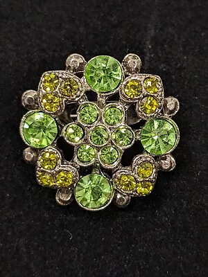 Vintage Green Rhinestone Heart Flower Small Round Brooch Pin • $6.99