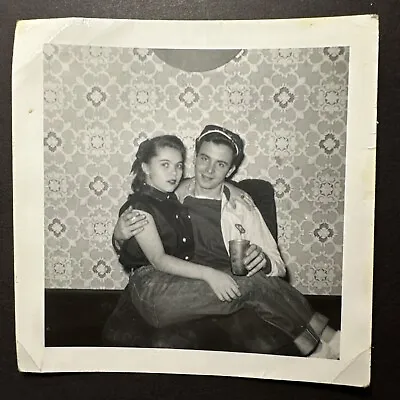 1950s Sitting On Lap Original Vintage Photo! Party Couple Beer Smoking Floral • $13.20