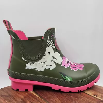 Joules Wellibob Boots Women's 7 Green Pink Floral Waterproof Chelsea Rain Ankle • $39.97