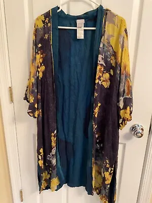 Chico's Women's Sz L/XL Open Front Duster Teal Yellow Flowers - *missing Belt* • $12