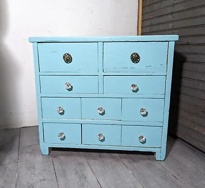 Antique Blue Painted Cabinet Chest Of Drawers - Rustic Country Apothecary Style • $288