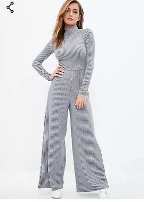 Missguided Grey Rib High Neck Wide Leg Jumpsuit Striped BNWT Size 8 • £20