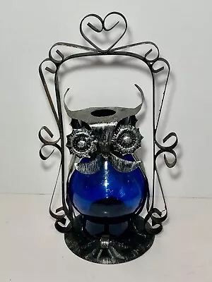 Vintage Metal Filigree And Cobalt Glass Owl Fairy Light Tea Light Lantern  • $14.99