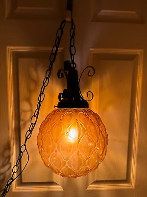 Vintage Mid Century Amber Glass Ball Hanging Swag Lamp W/ Diffuser WORKS!! • $75