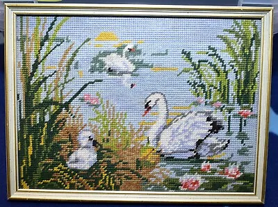 £10 • Buy Cross Stitch Swans Hand Made Finished Framed Embroidery 27-12