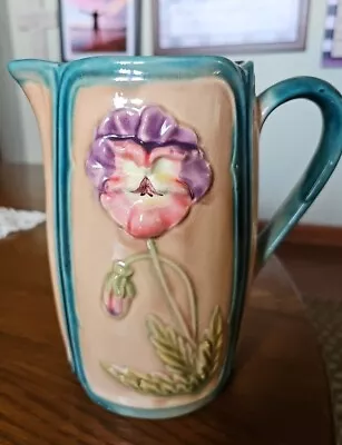 Vintage Hand Painted French Majolica Style Floral Art Nouveau BARBOTINE Pitcher • $44.99