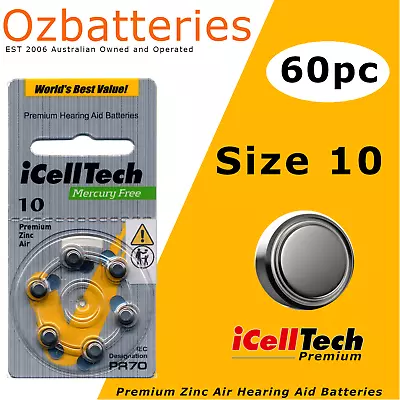 60pc Hearing Aid Batteries Size 10 (PR70 A10) IcellTech / Expiry 03/2027 • $28.50