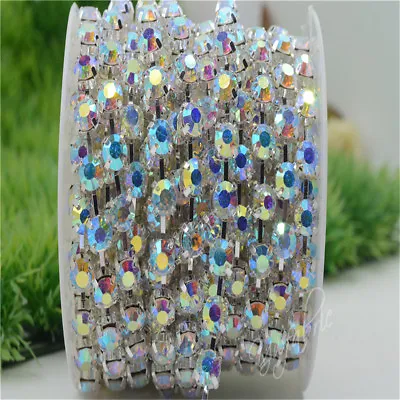 6mm/8mm Crystal Color AB Rhinestones Silver Round Cup Chain Costume Dress Sew On • $10.71