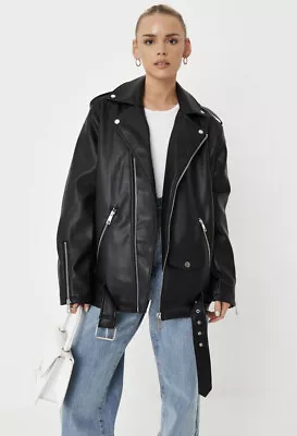 Missguided Black Faux Leather Long Oversized Jacket Size 6 Brand New With Tags • £45