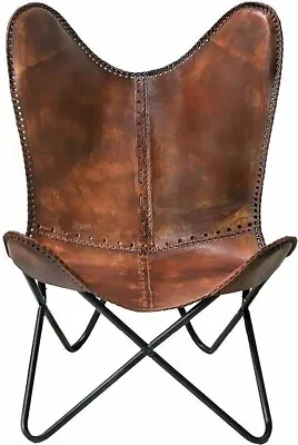 Handmade Vintage Dark Brown Buffalo Leather Butterfly Chair With Iron Frame • $125