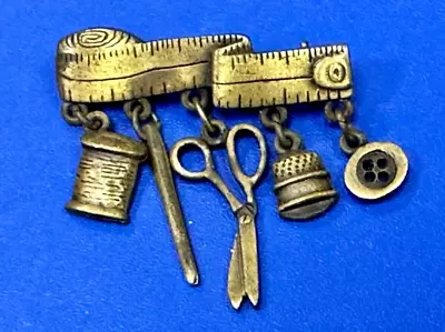 Sewing Needle Thread Dangle Charms JJ Signed Vintage Pewter Brooch Pin • $9.99