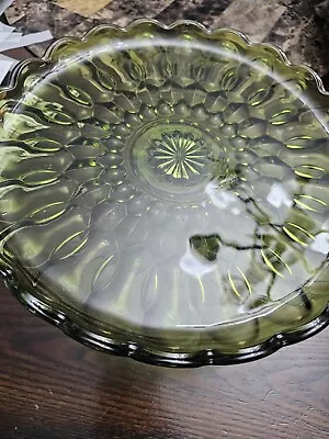 Vintage Mid Century Green Cut Glass Pedestal Cake Stand Tray • $40.99