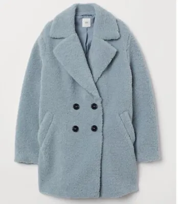 H&M Double Breasted Teddy Faux Fur Coat Blue Size M Medium Pre Owned • $29.99