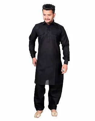 Bollywood Dabbang Black Pathani Kurta Salwar Suit Party Wear Cotton Suit New • £29.24