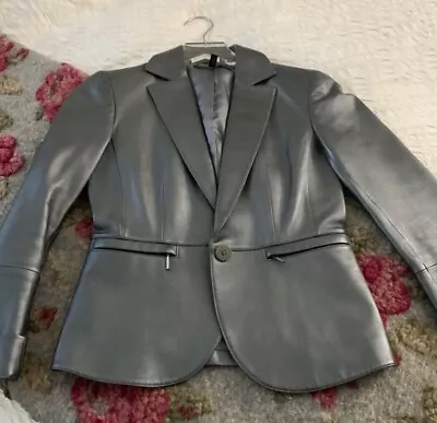 Lafayette 148 Silver Grey Metallic Leather Button Up Blazer Size 0 • $150