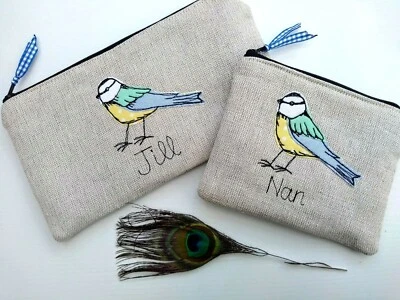 £14.49 • Buy Handmade Personalised Blue Tit Coin Purse Or Pencil Case Linen Wording Choice