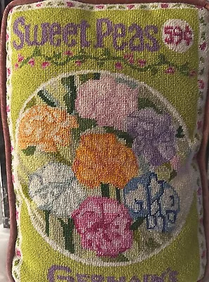 Vintage Needlepoint Pillow Sweet Peas Velvet Backed Pillow Size 10x14 • $30