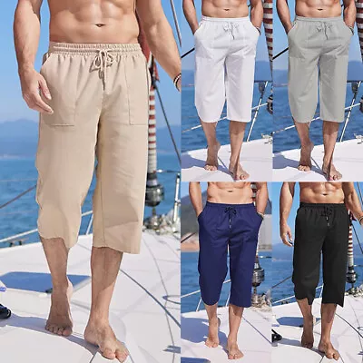 Men Elasticated Waist 3/4 Long Length Shorts Summer Casual Three Quarter Pants A • $18.15