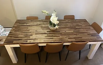 Stunning Acacia Wood Dining Table With 8 Seater Brown Synthetic Leather Chairs • $1600