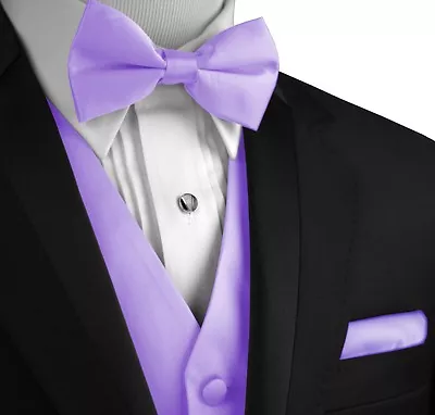 Men's Solid Satin Tuxedo Vest Bow-Tie & Hankie Set. Formal Casual Wedding Prom • $22.95